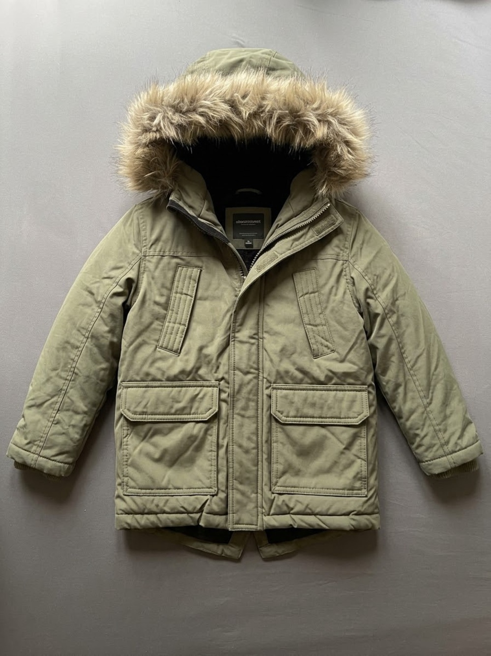 Eddie Bauer Kids Olive Green Hooded Puffer Jacket with Faux Fur Trim